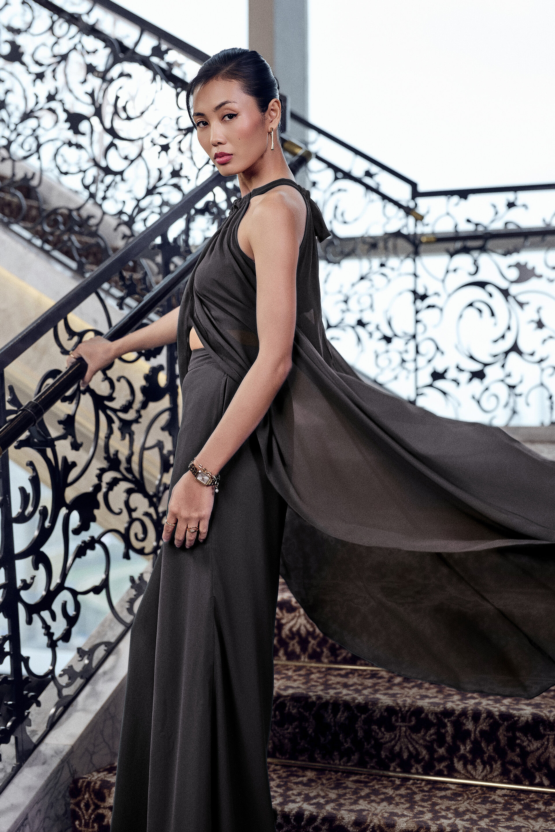 Halter Neck Asymmetric Co-ord in Black, Black, image 5